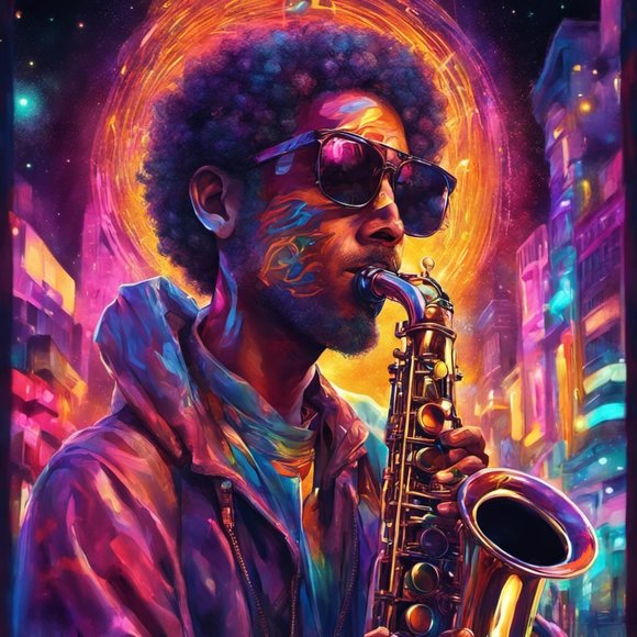Neon Serenade: Young Saxophonist in the Ancient City at Night